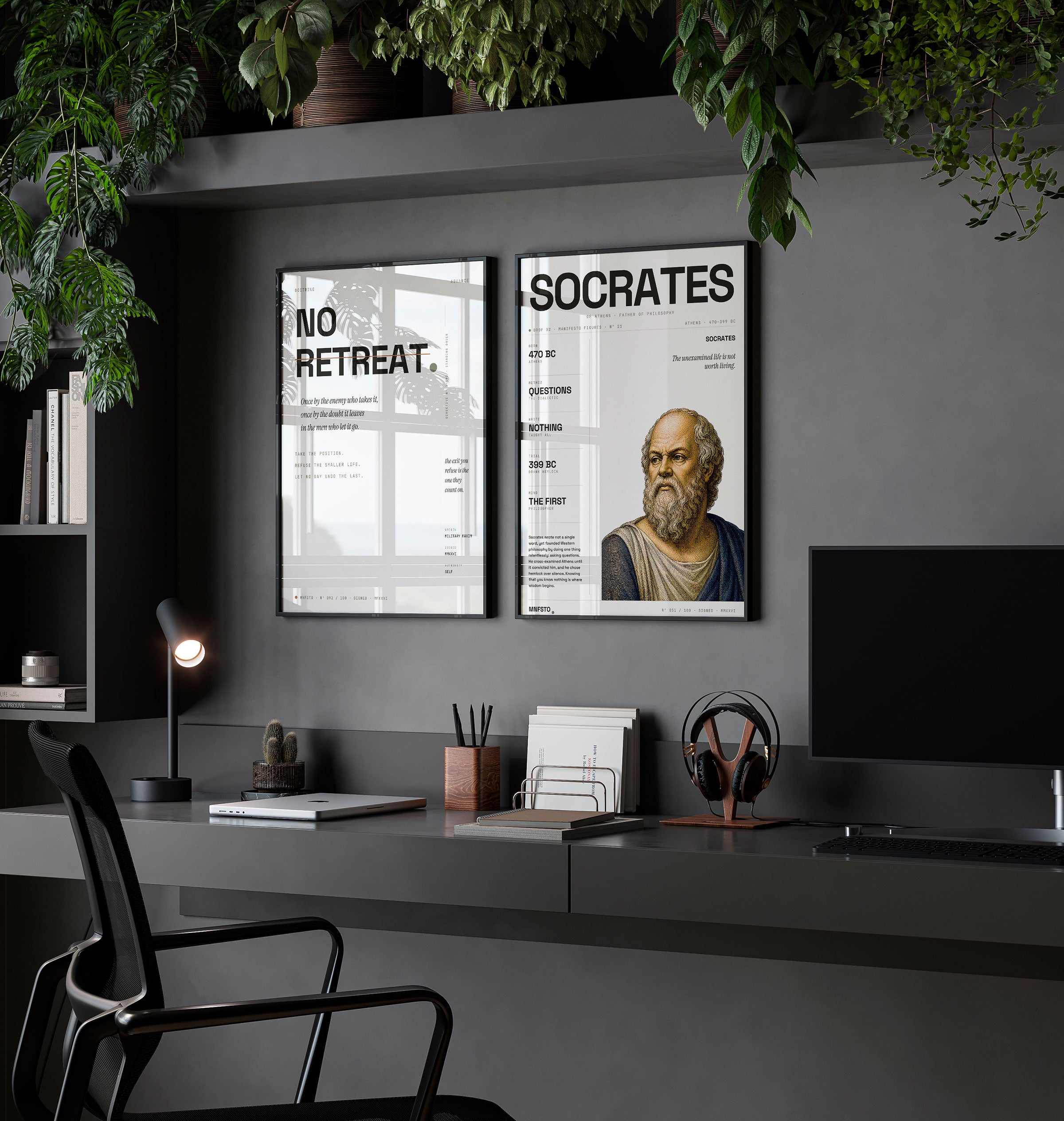 MNFSTO — No Retreat & Socrates on a studio wall