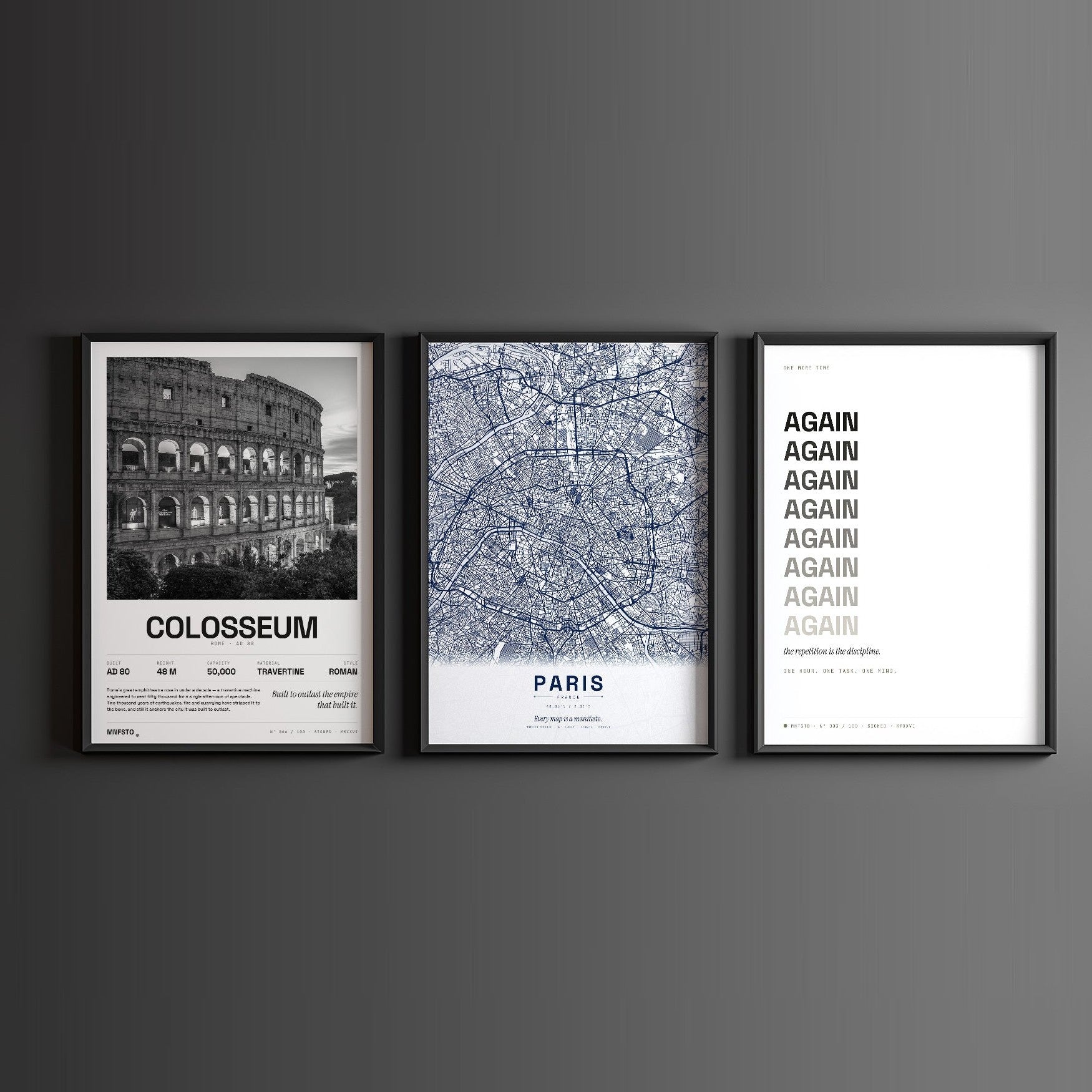 MNFSTO — Colosseum, Paris & Again framed on a wall