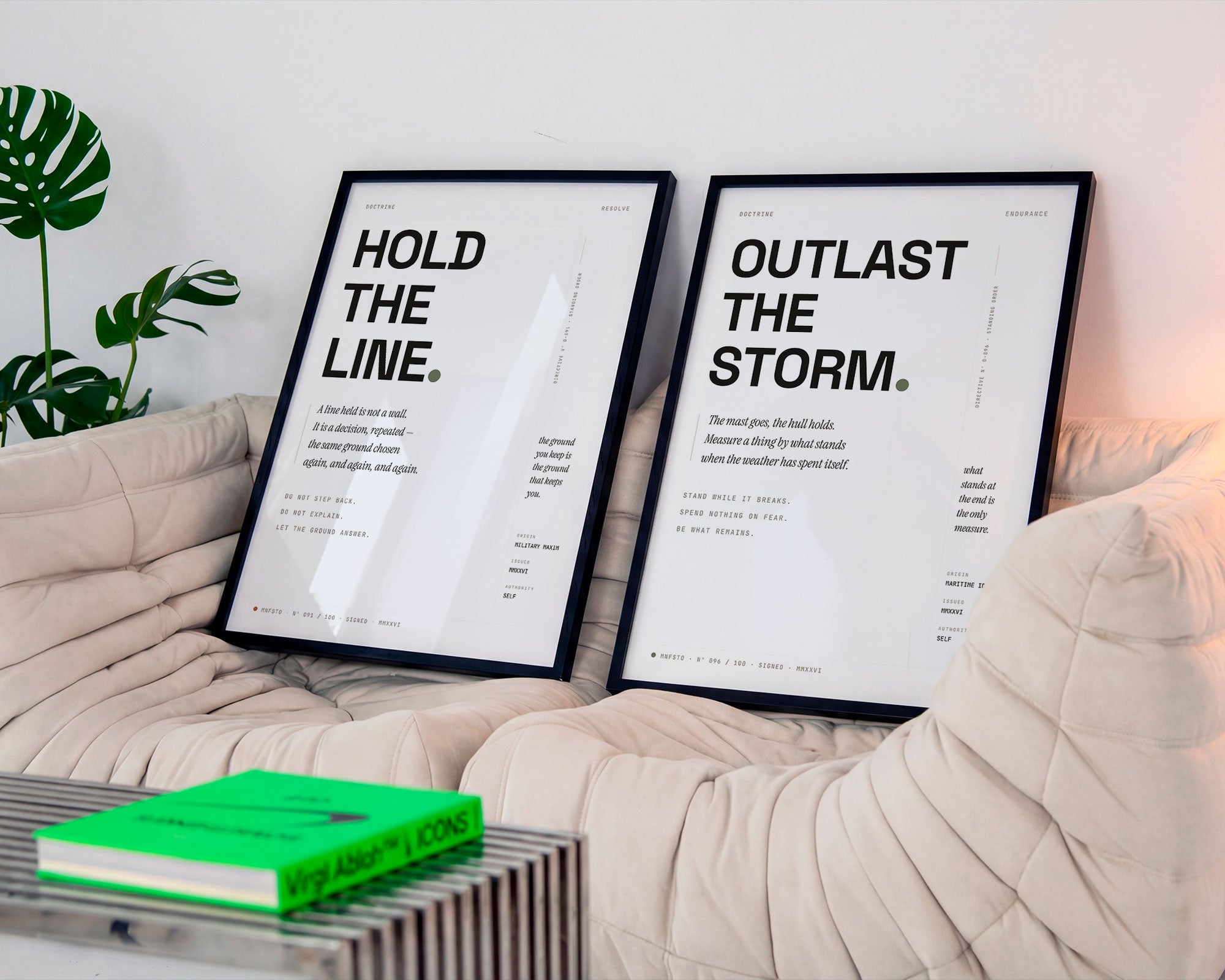 MNFSTO — Hold the Line & Outlast the Storm framed on a sofa