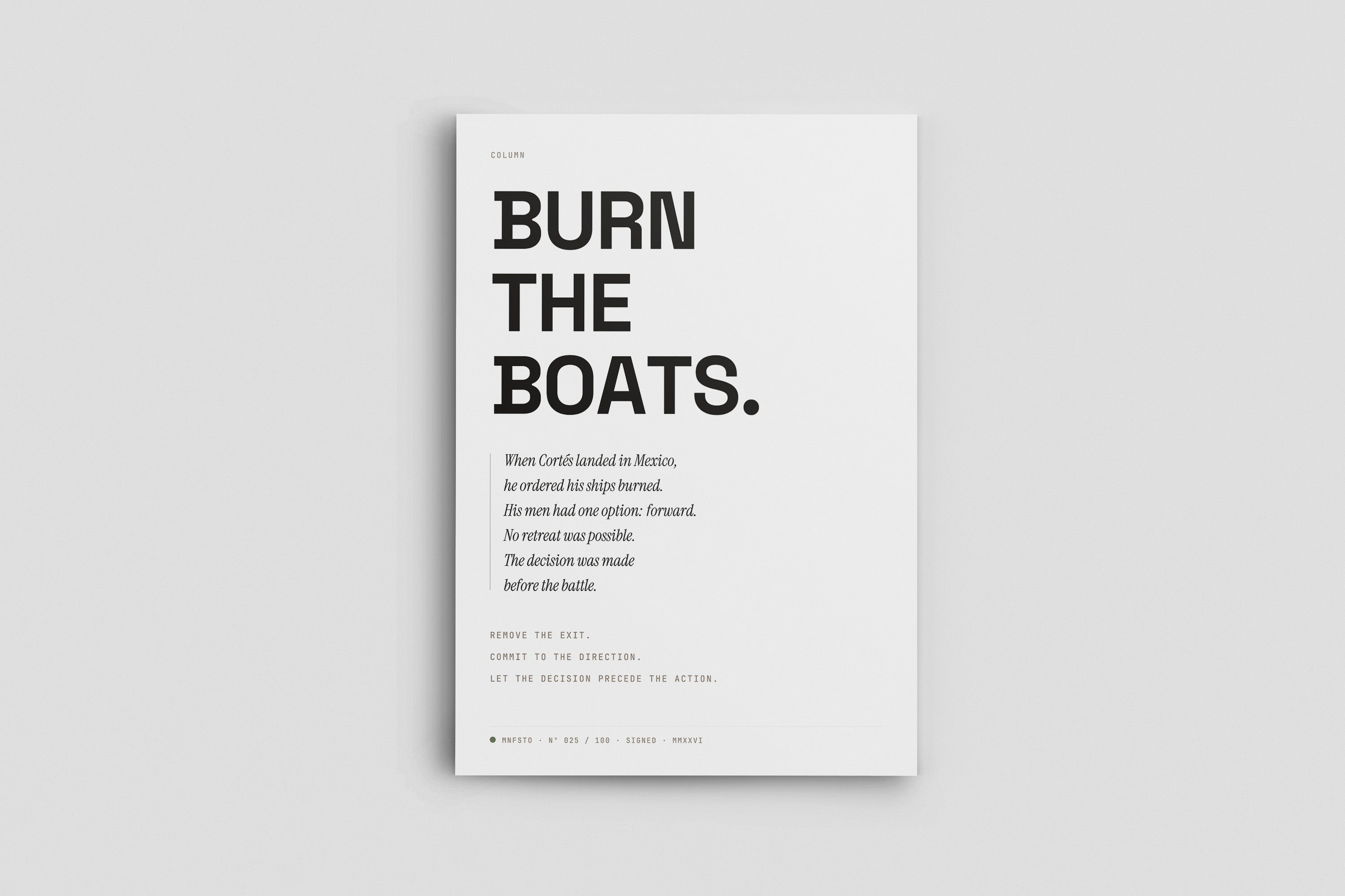 Burn the Boats framed poster on wall